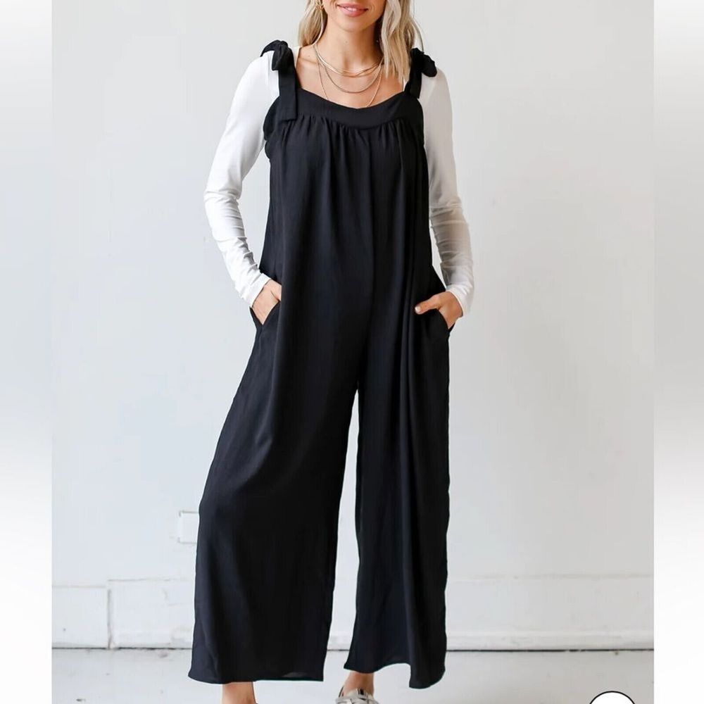 Leoni Women's‎ Size Small Oversized Wide Leg Black Jumpsuit Sleeveless Tie